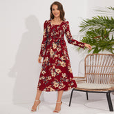 Fall Retro Long Sleeve Smocking Floral Mid Length round Neck Dress Popular